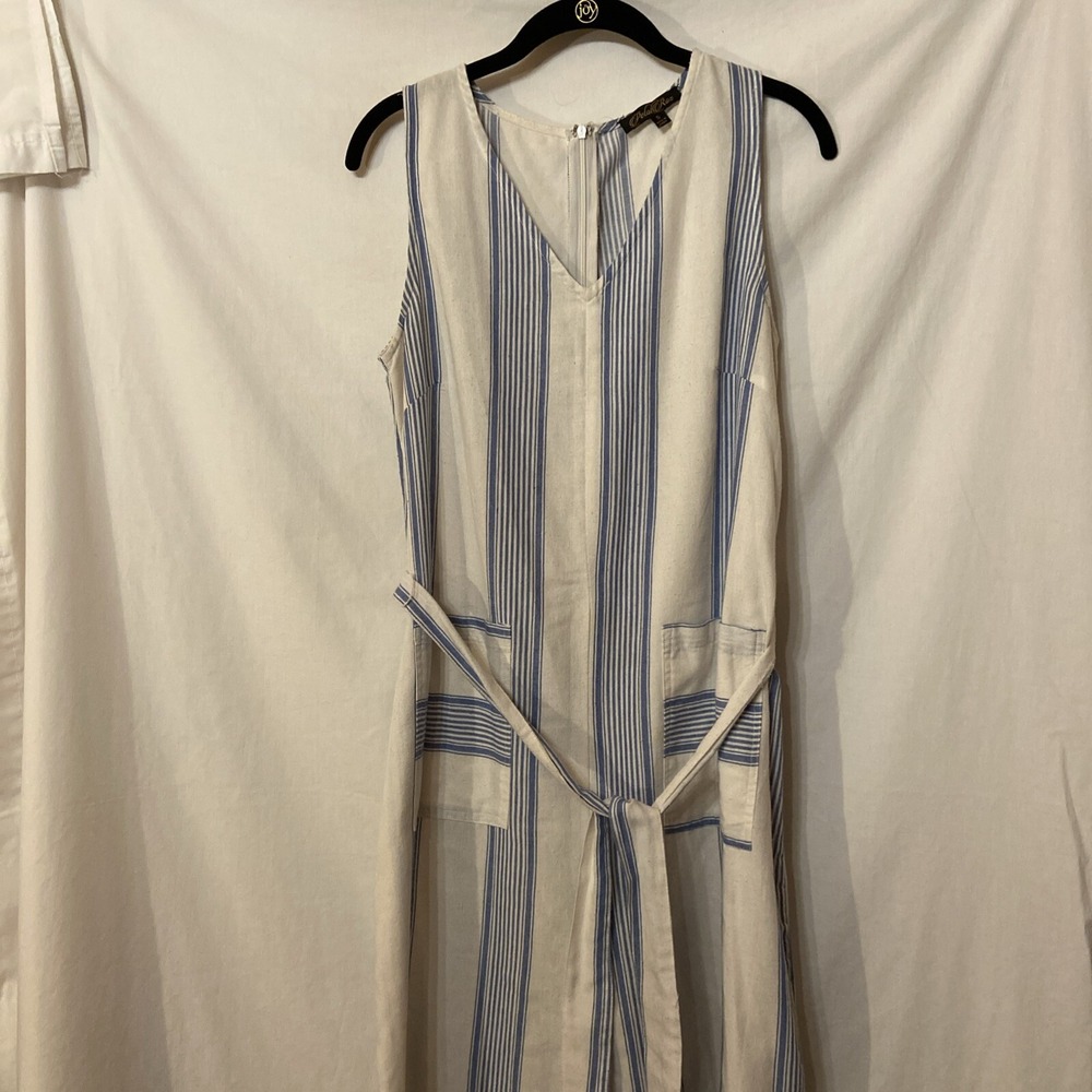 Blue & White Resort Cruise Jumpsuit Size Small Petal Roz Pockets & Tie Beach